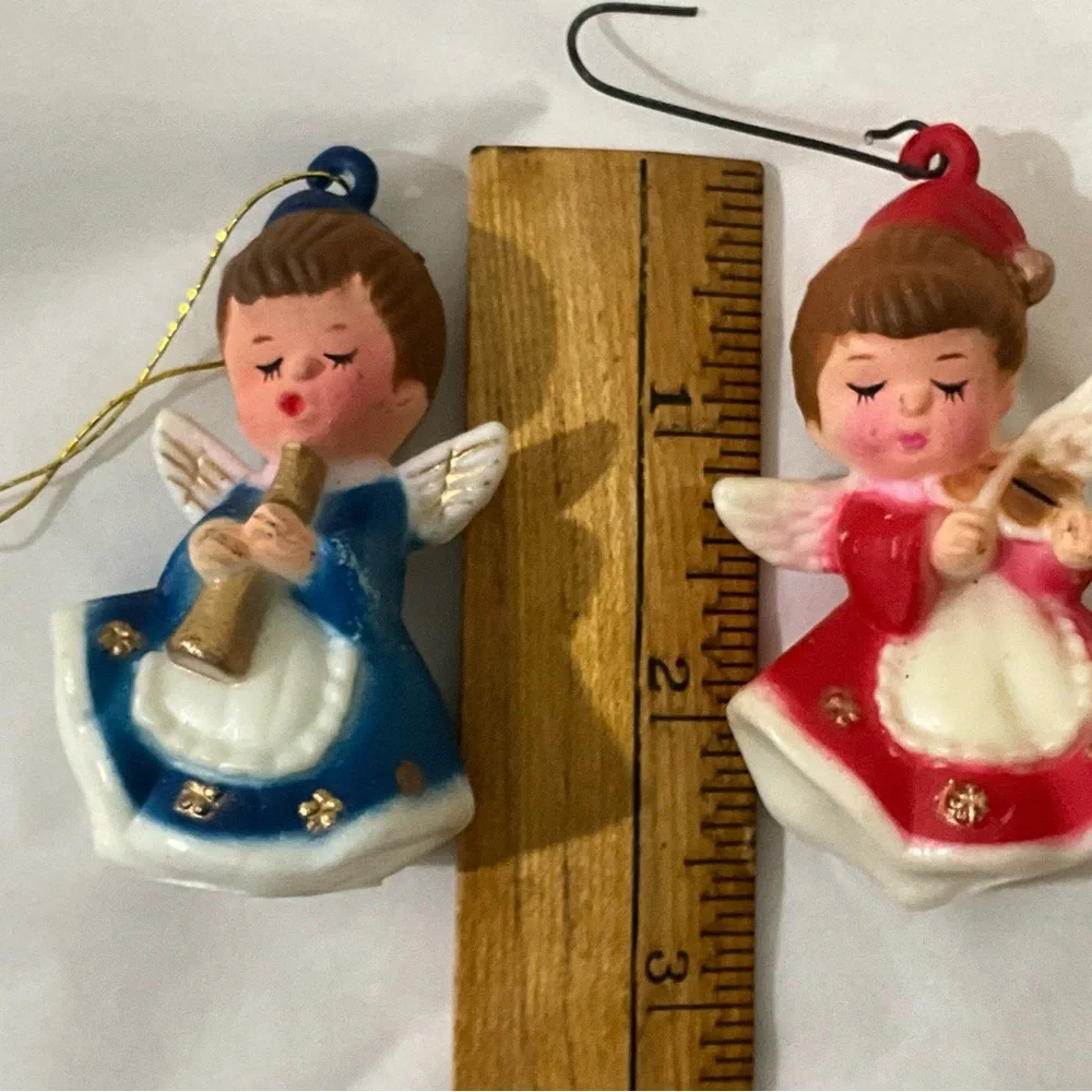Vintage Lot of 2 MCM Plastic Christmas Angels Red and Blue